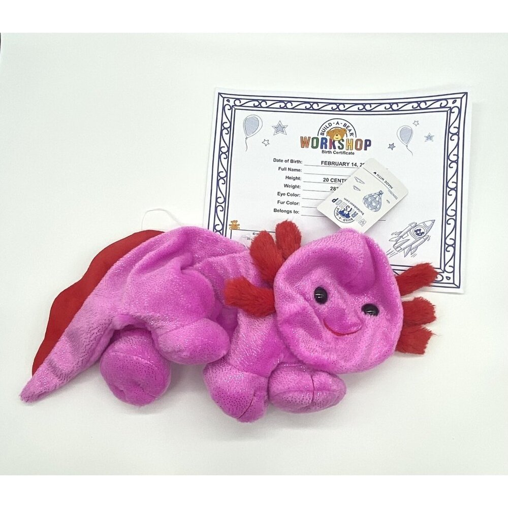 Build A Bear Pink Red Sparkle Axolotl Valentine Plush Unstuffed w Certificate